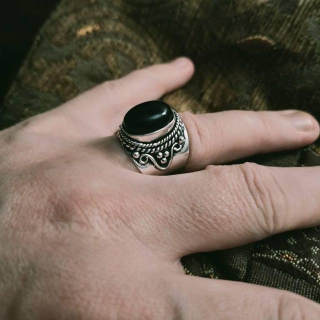 オーバルブラックオニキスシルバーリング、レディースバンド、カスタム