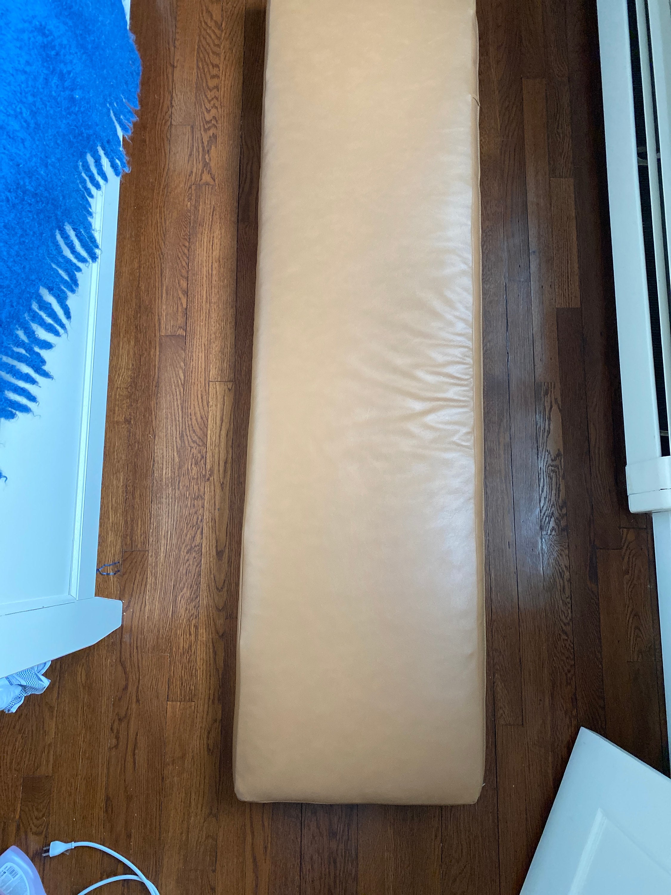 Custom Faux leather cushions, camel brown vinyl, boxed cushions, order