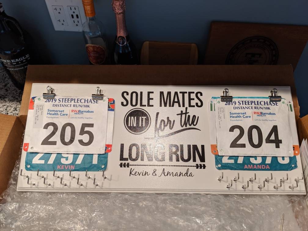 Couples Race Bib Medal Holder - Sole Mates Race MEDAL Bib Display - CUSTOMIZE Name Gift Idea Perfect Couples who Run