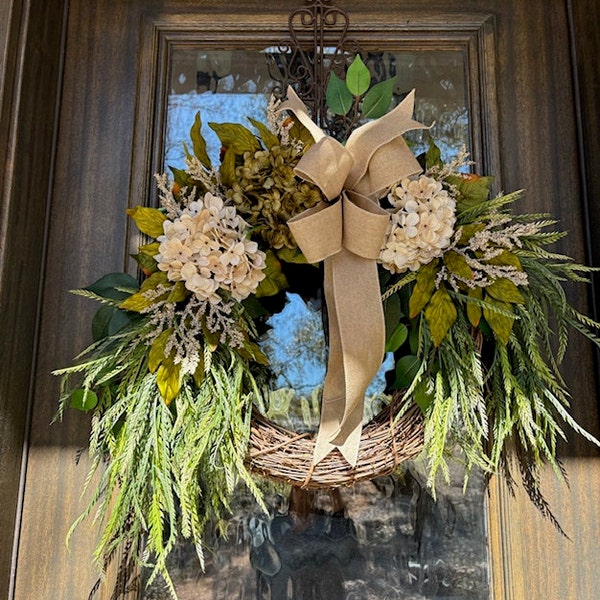 20Inch Blue Dried Flowers Natural Wreath, Door Wreaths for Front Door Outside All Season Farmhouse