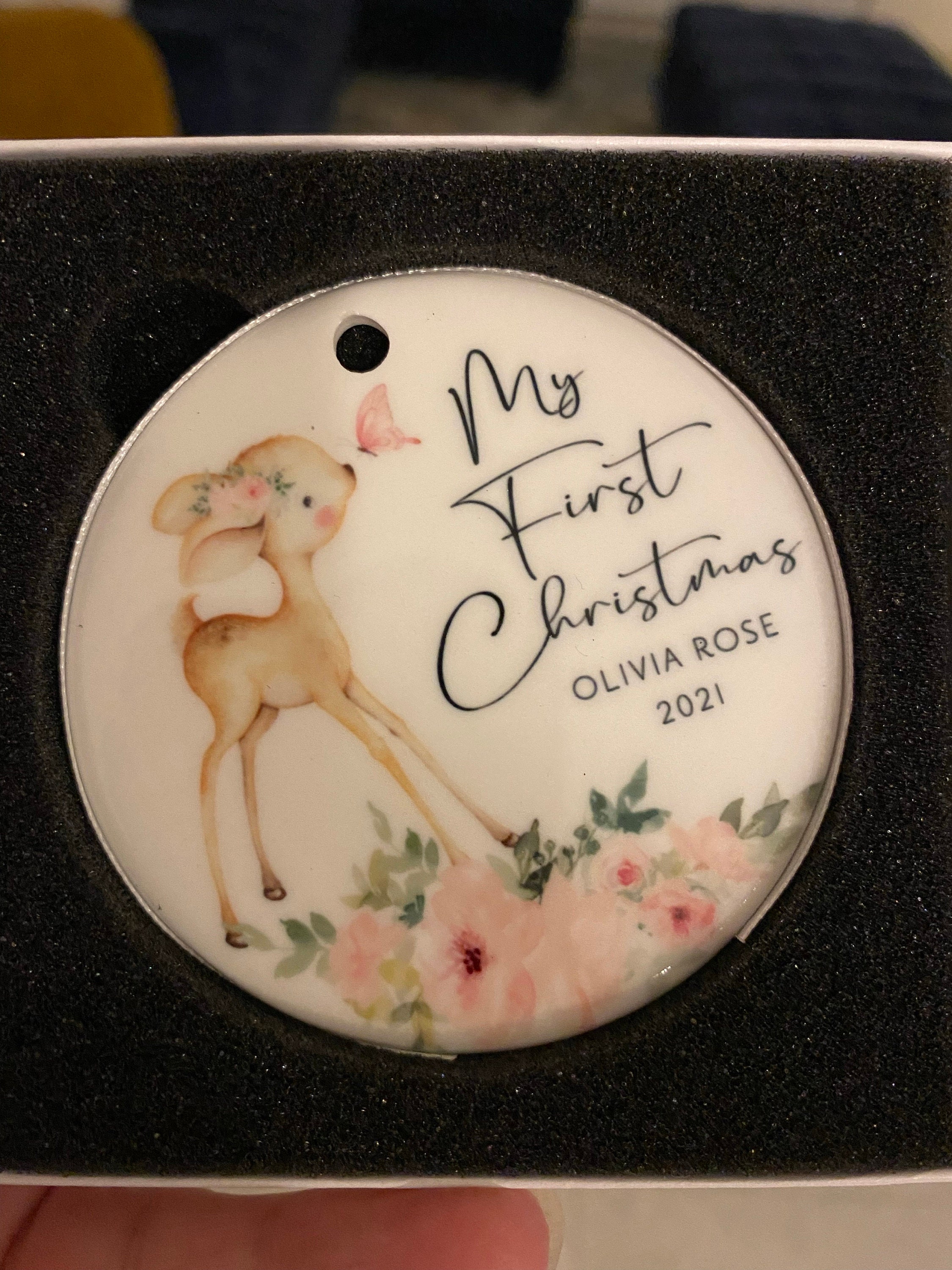 Baby&#39;s First Christmas Ornament - Personalized Baby Girl Deer Christmas Ornament