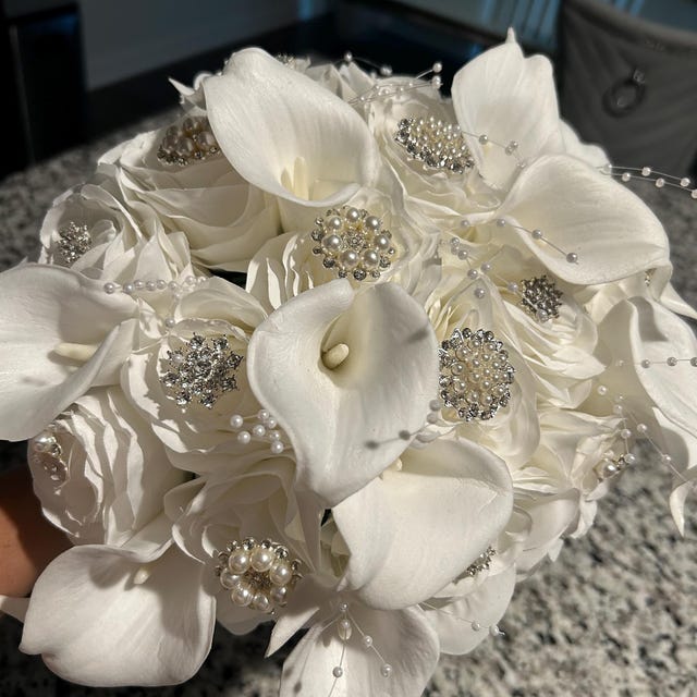 Cascading White Wedding Bouquet: Roses, Calla Lilies, Pearls
