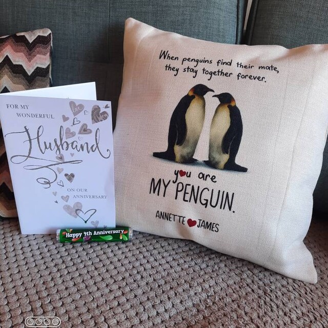Federa Cuscino 45x45 Cm Con Design Pinguini Innammorati, Idea Regalo Romantica Per Coppie, Fidanzati, Anniversario Di Matrimonio O San Valentino