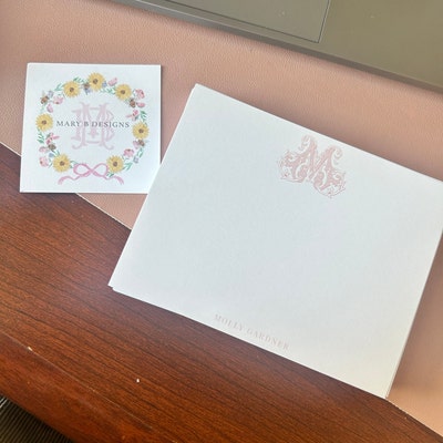Personalized Pink Monogram Stationery, Women Flat Notecard Set ...