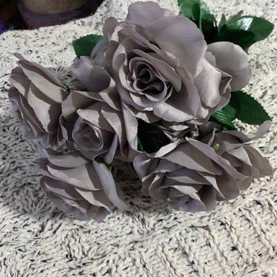 12 Open Ash Grey Roses, Gray Artificial Flowers, 4 Rose Head, Wedding ...