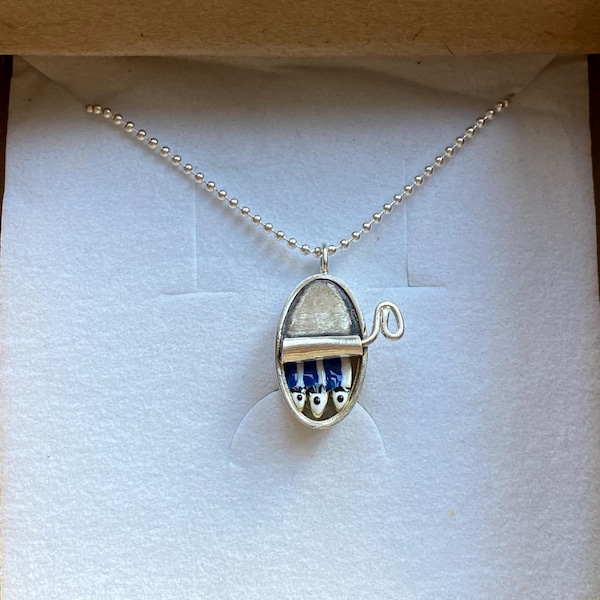 SARDINE Necklace, Sterling Silver Chain, Silver Sardine, Blue Pendant ...