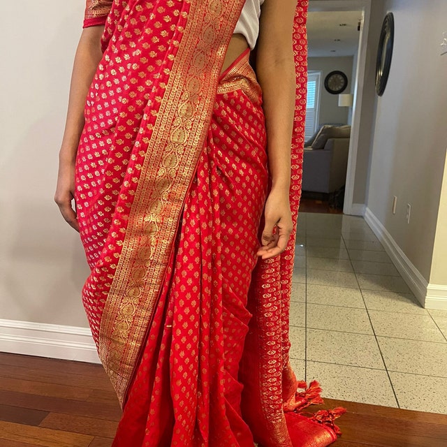 Shiv Textiles Sari Donna In Seta Banarasi Rossa - Eleganza Tradizionale Indiana Per Cerimonie E Festività - Taglia Unica