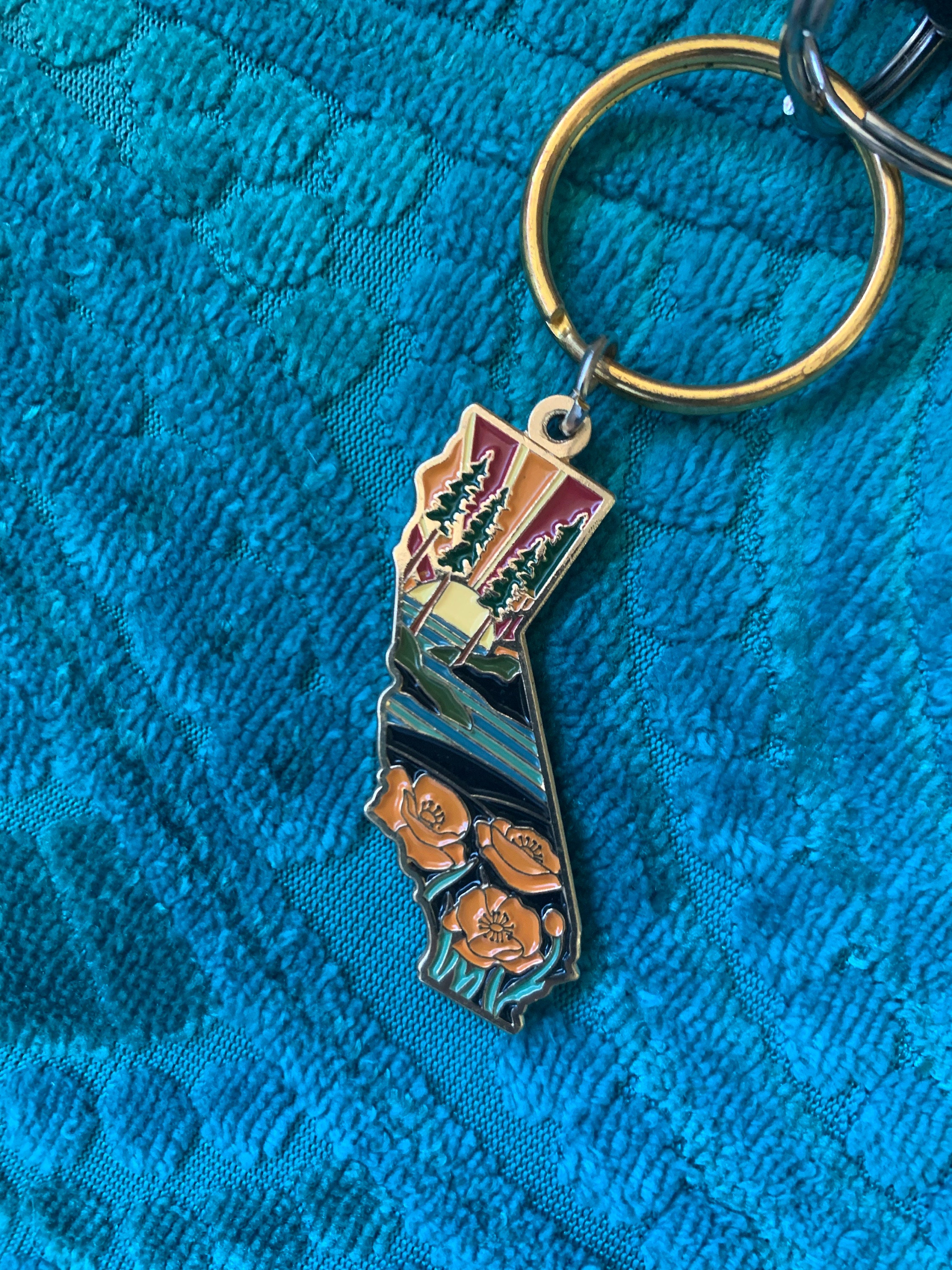 California Poppy Soft Enamel Keychain 1.5&quot; | California Outline Key Ring | Illustrated State Keychain