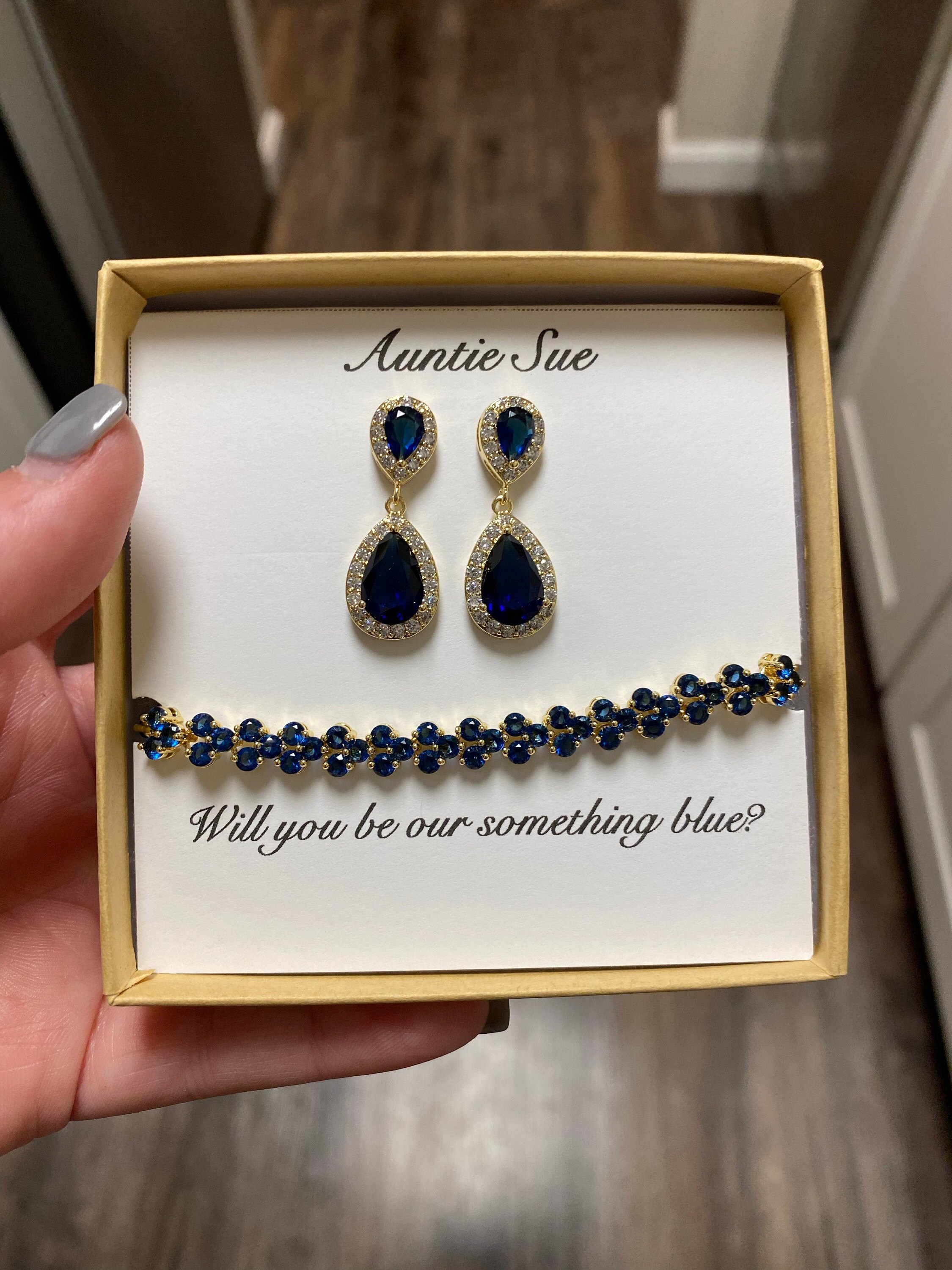 Bridal party bracelet earrings set Navy tear drop cubic zirconia earrings, Blue bridesmaid gift set, Navy blue earrings XY1