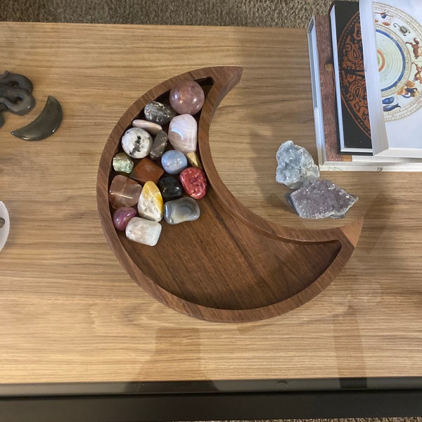 Moon Tray Acacia Wood Crystal Holder – Display & Organize Stones, Jewelry, Essential Oils