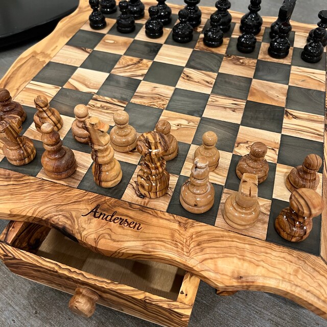 Olive Wood Rustic Chess Board Set with Resin Finish - Qartaj