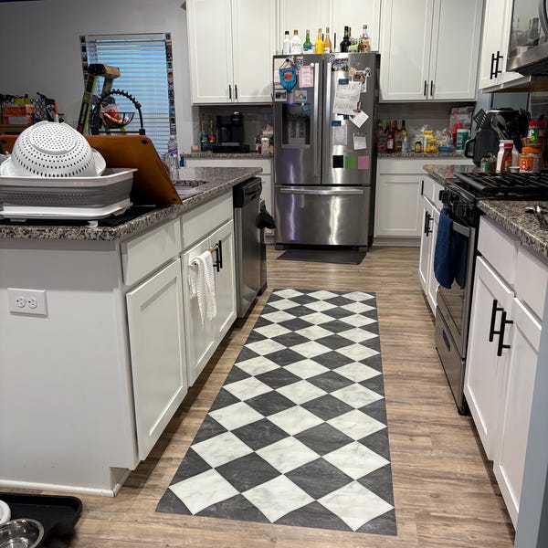 Checkered Kitchen Floor Mat, Black and White Vinyl Rug, Patterned ...