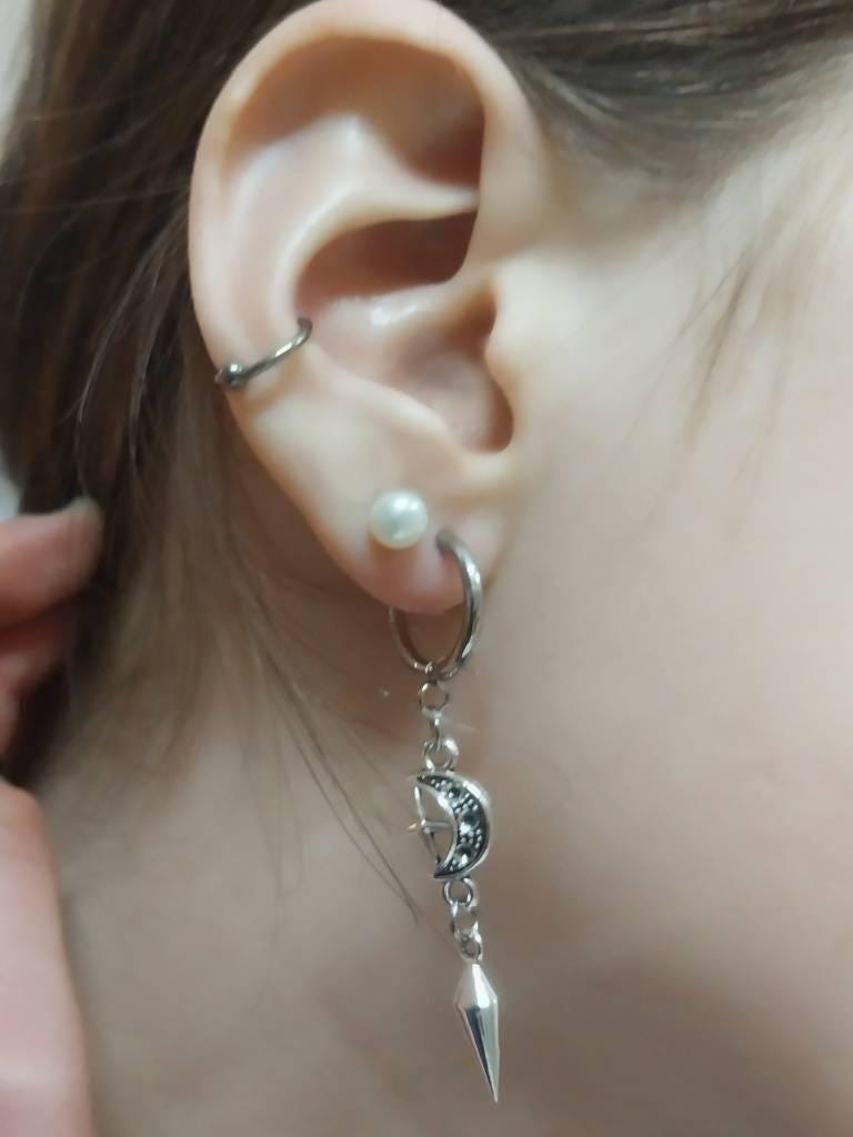 Spike earrings, moon/star hoops, punk earrings, goth earrings, gothic jewelry, huggie earrings, emo, alternative, celestial earrings