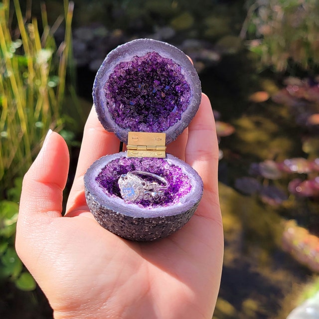 Purple Glass Crystal Engagement Ring Box Handmade Glass Crystal Druzy Box Proposal And Wedding Bands Box Gift Artifical Amethyst Geode