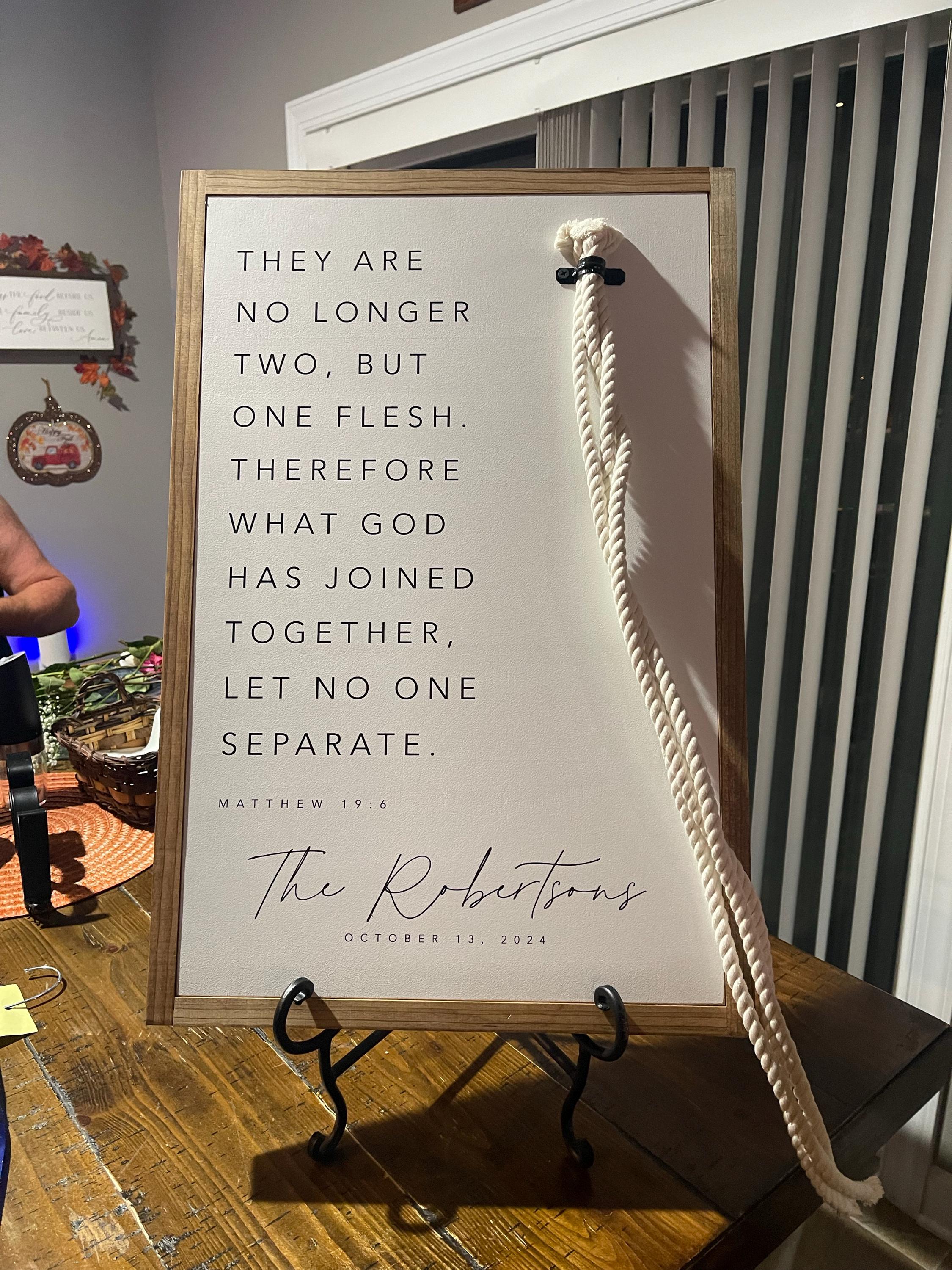 Matthew 19:6 They Are No Longer Two A Cord Of Three Strands Is Not Easily Broken Established Framed Wood Sign Wedding Unity Ceremony Gift
