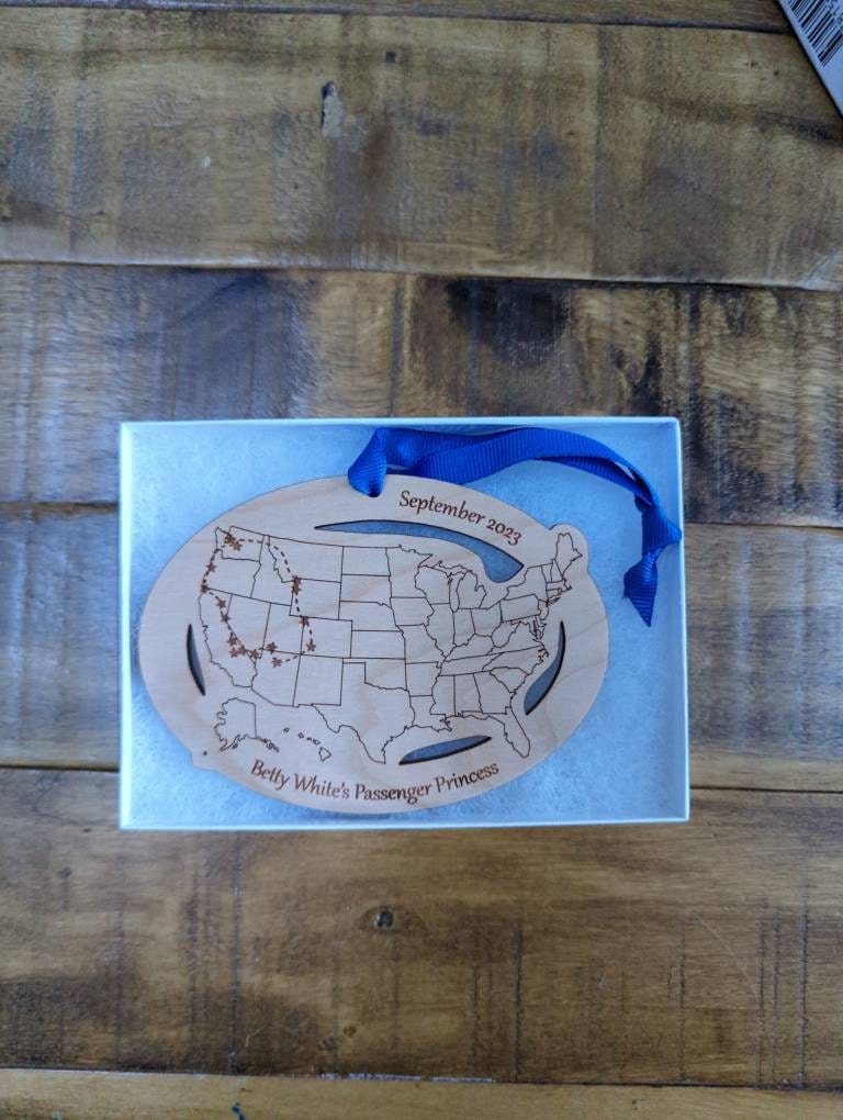 Custom Text and Cities US Map ornament, Road Trip Travel Ornament, long distance relationship, 50 state marathons