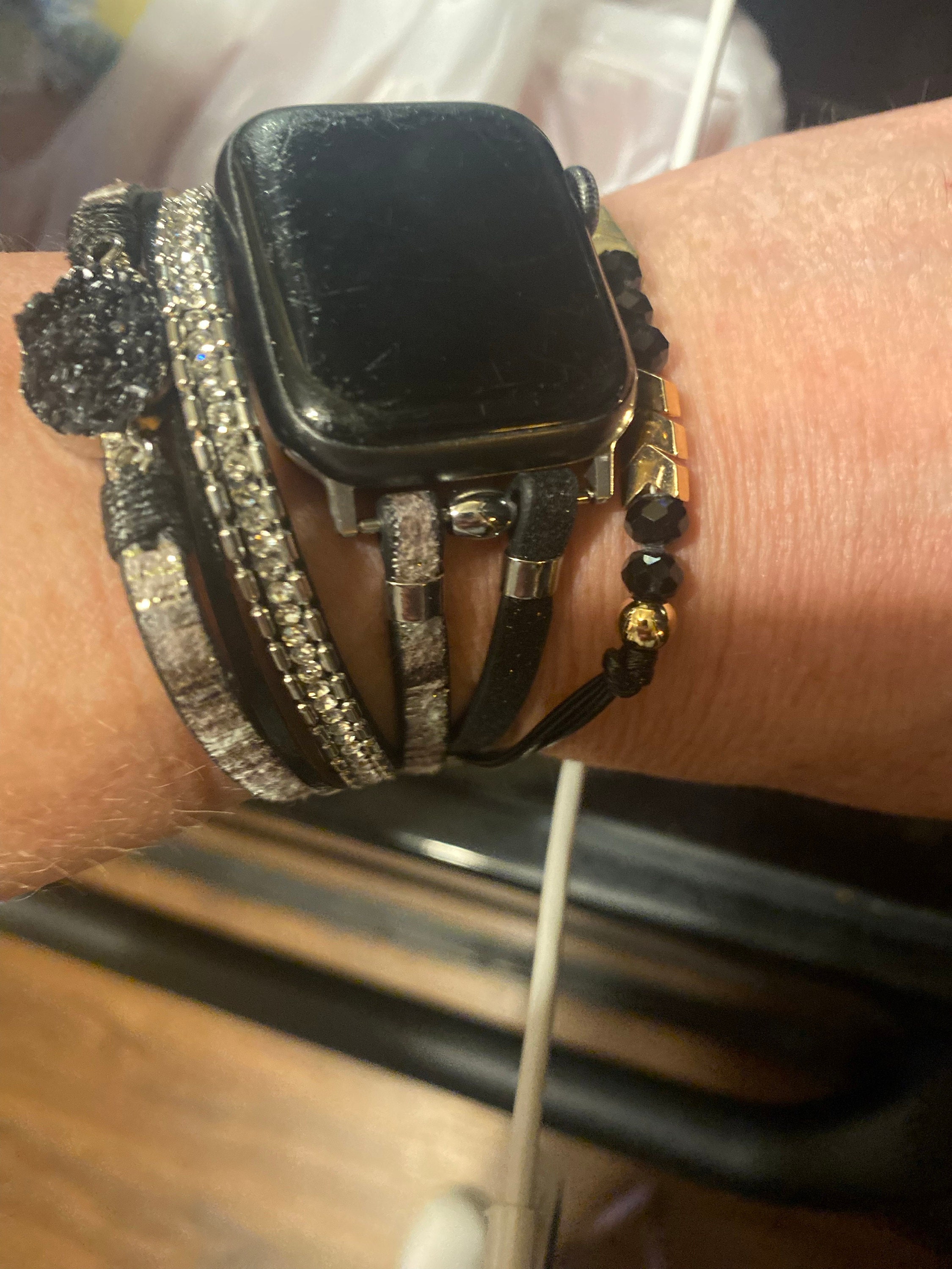 Boho Leather Bracelet Apple Watch Band 38/40/41/42/44/45/49mm Women Leather Multilayer Wrap Strap With Gemstone Crystals for iWatch Series