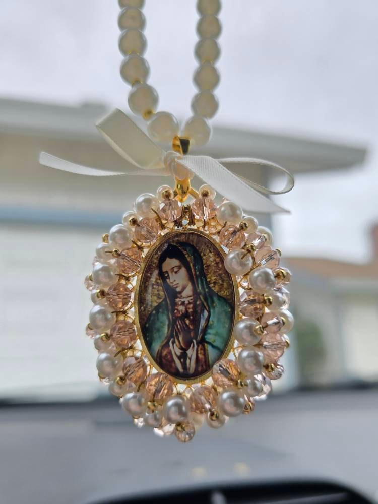 Virgin Mary Car Charm,Car Decoration, Car Accessories, Rear view Mirror,Car Blessings,Car Rosary,Baptism Gift,Religious Catholic,Car Charm