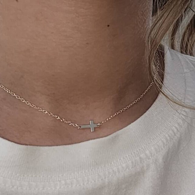 DAOCHONG Sterling Silver Sideways Cross Choker Necklace - 14" To 18" Double Layer, With CZ