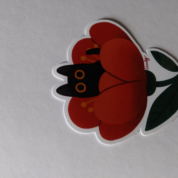 Black Cat Vinyl Sticker / Cute Cat in a Red Flower / Waterproof Sticker ...