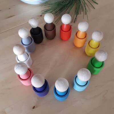 Ulanik Large Montessori Wooden Peg Dolls - 12 Gnomes With Hats For Sorting, Counting & Play