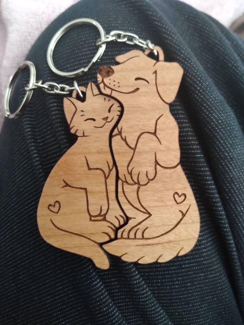 Dog and Cat Couple Keychains - Friendship or Relationship matching wooden keychain set