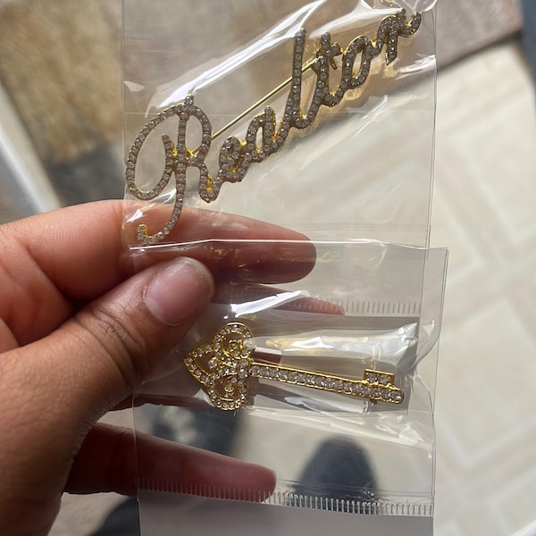 Script Brooch Custom Gold Rhinestone Script Realtor Profession Brooch 3.25” With ...