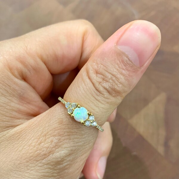 White Opal Ring, Opal Stacking Ring, White Opal and CZ Ring, Dainty ...
