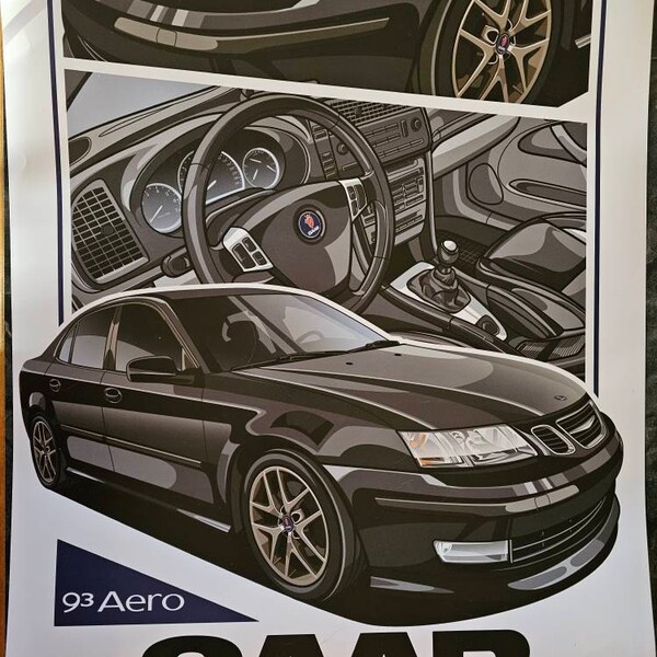 Saab 95 Aero Sedan Car Wall Poster Silver Saab Poster Wall Art Kids Man ...