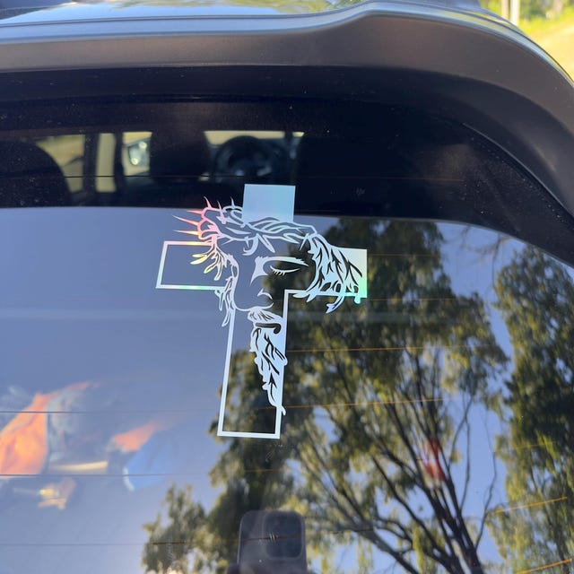 Jesus Cross Decal Sticker - White Vinyl For Car, Truck, Laptop (3" X 5.5")