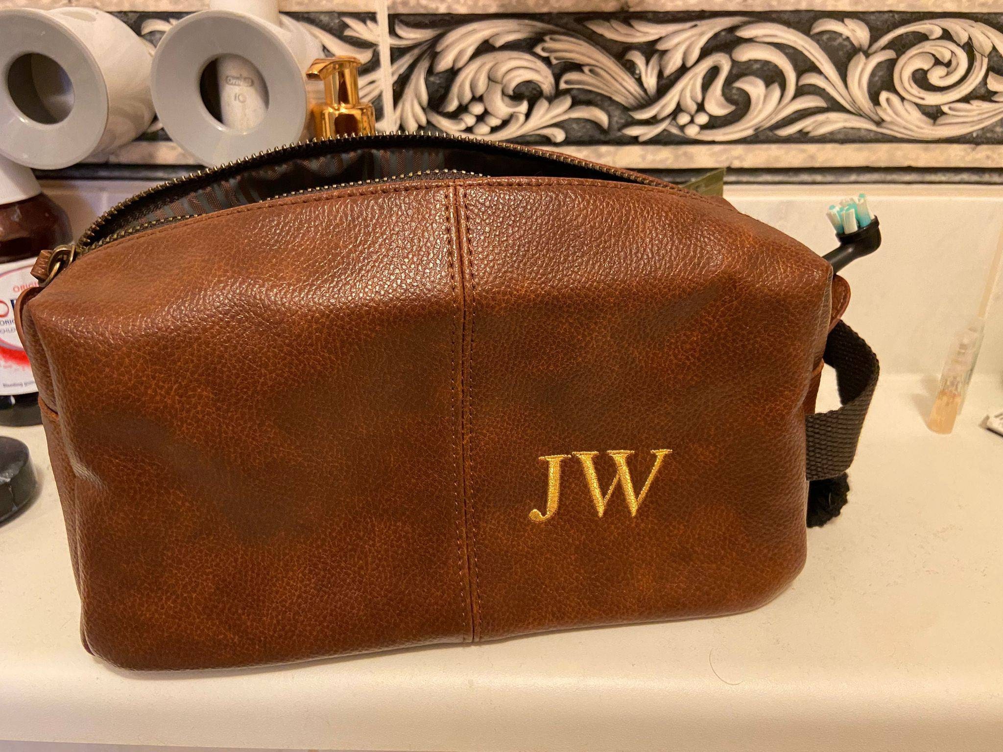 Personalised Embroidered Mens Leather Wash Bag with Strap Black or Brown - Mens Vegan Leather Toilet Bag Embroidered with Initials