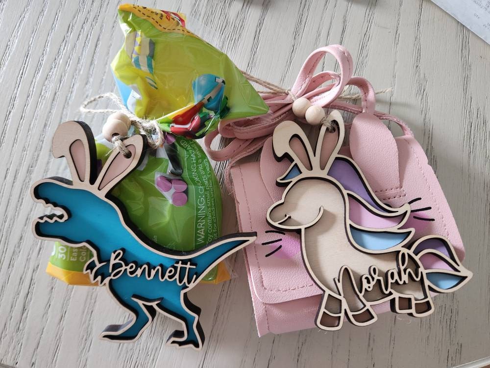 Easter basket tag, personalized name tag, dinosaur decor, Dino easter tag, easter bunny, kids easter decor, Easter egg, easter tier tray