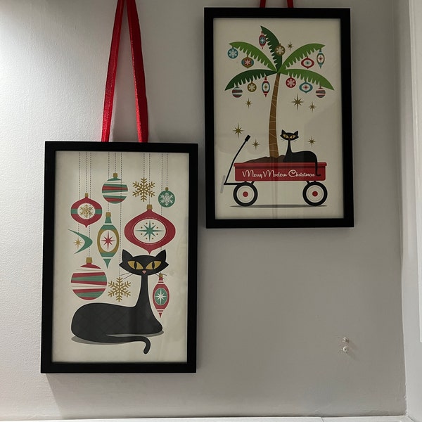 Mid Century Modern Cat Christmas Ornament Art Print, Secret Santa Gift ...