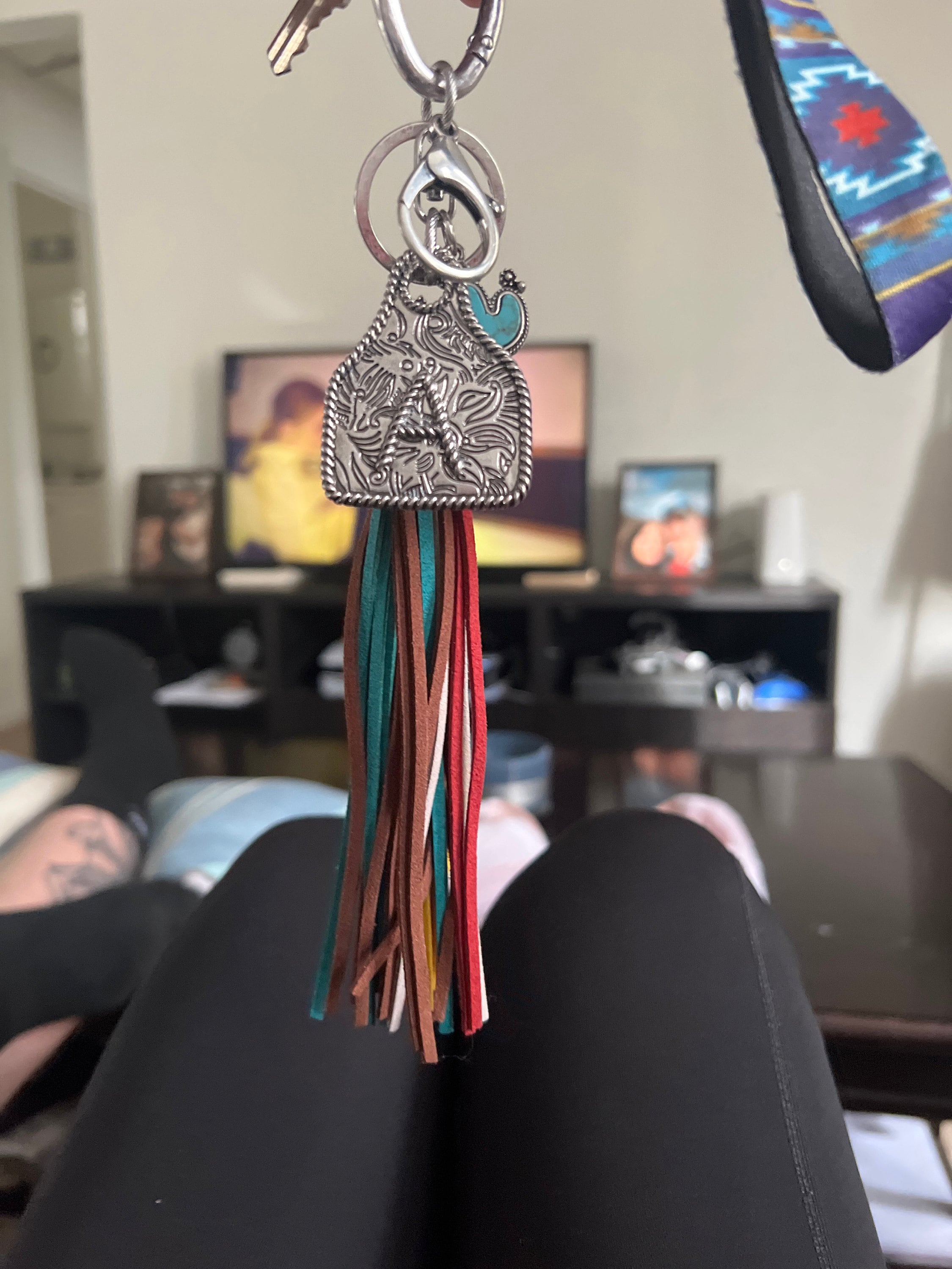 Initial Monogram Keychain/ Turquoise Charm/Initial Cattle Ear Tag Keychain/multi color tassel fringe keychain