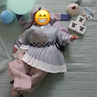 Pastel Warm Sky Blue Phoenix Embroidery Baby Boy Hanbok