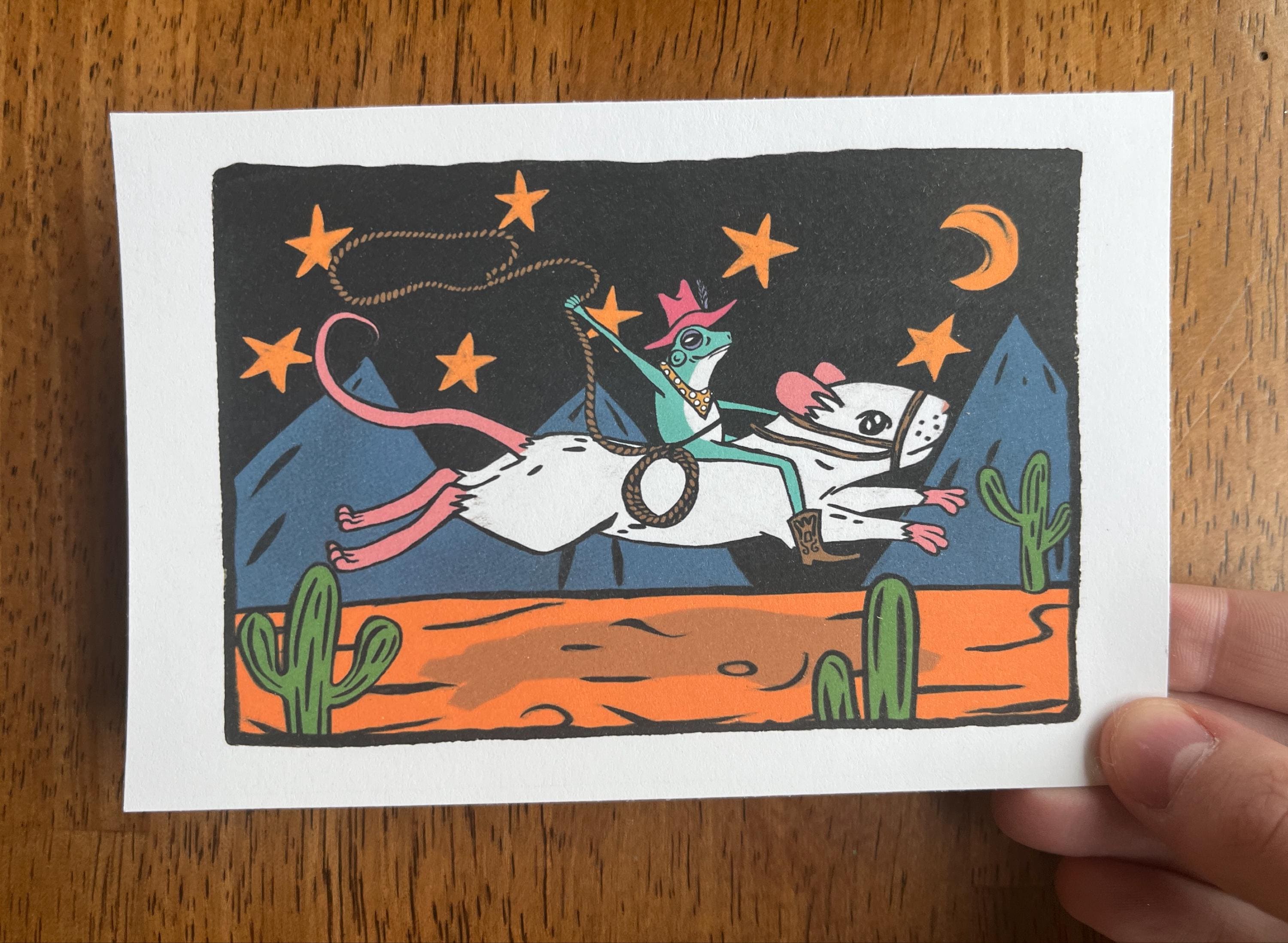 Framed Cowboy Frog Riding Mouse Print - ready to hang 4"x6" wall print whimsical funny colorful rodeo frog wearing cowboy hat art poster