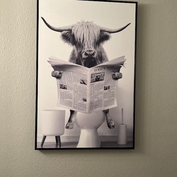 Framed Funny Highland Cow Bathroom Wall Art, Black & White Animal ...