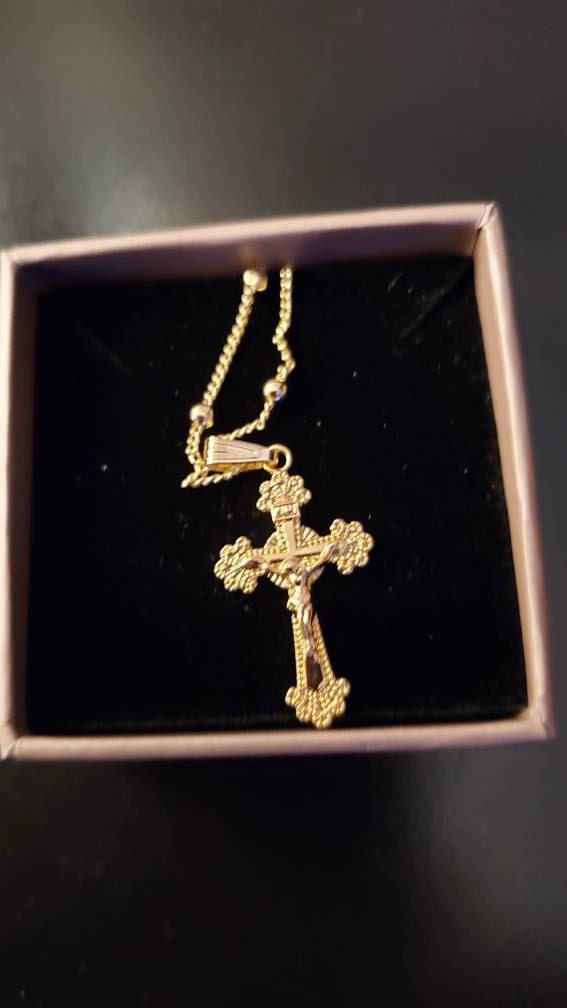Gold Cross Necklace, Personalized Initial, Hand Stamp Disc, Religious Pendant, Gold Filled Cross Necklace, Birthday Gift, Christmas Gift