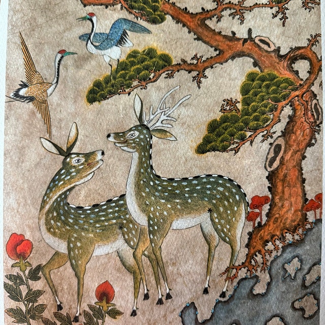 Korean Minhwa Painting Art Print, Deer, Cranes, Antique Asian Folk