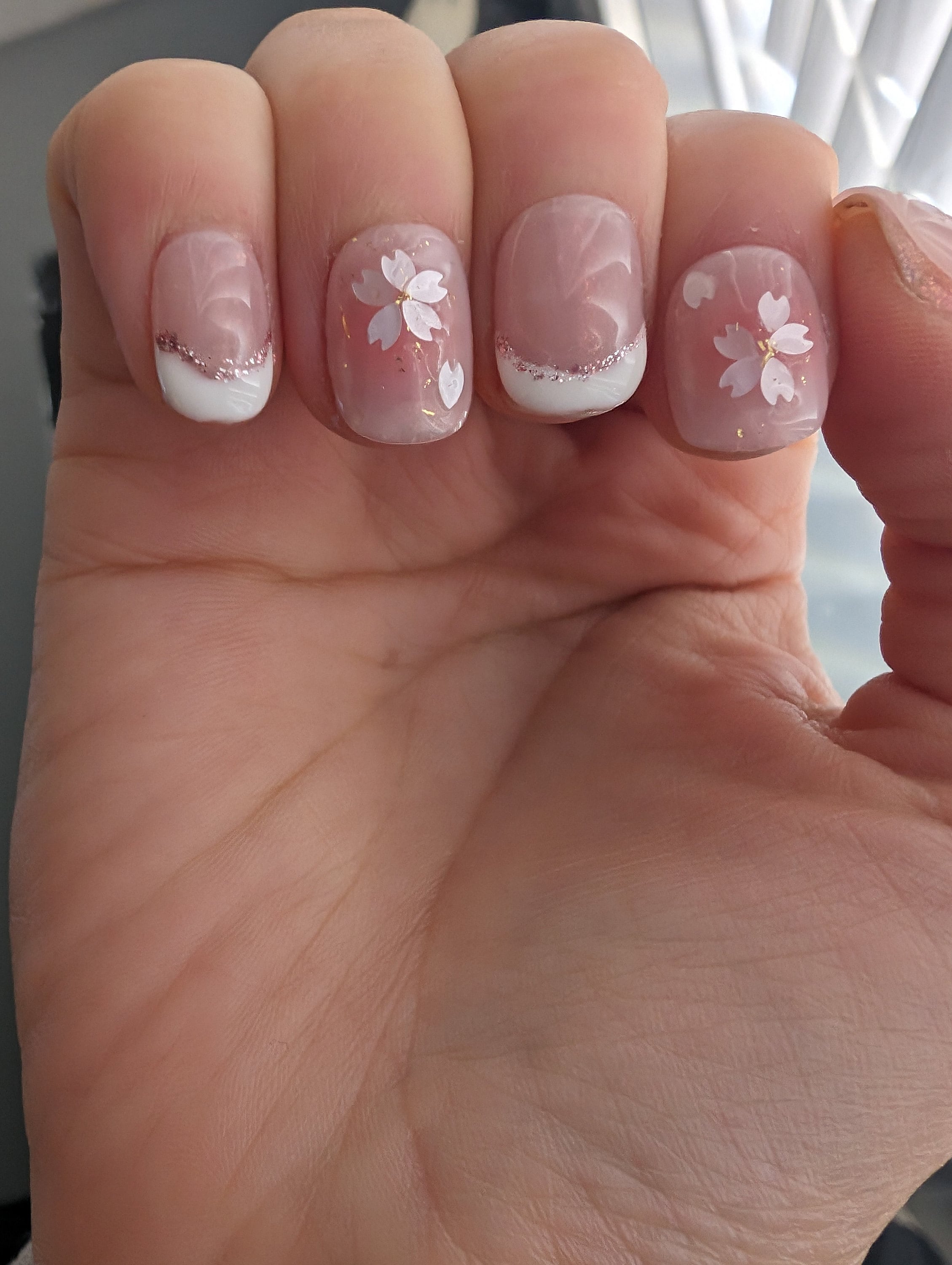 Delicate Sakura Flower Nail/Cute Short Light Pink French Tip Nail/Floral Handmade Press on Nails/Japanese Spring Nail