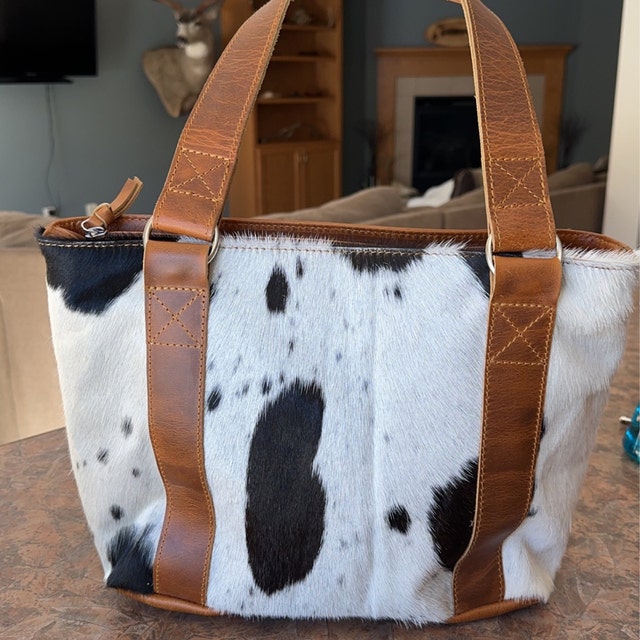 The Highlands Genuine Cowhide Tote Handbag Black White · Ranch