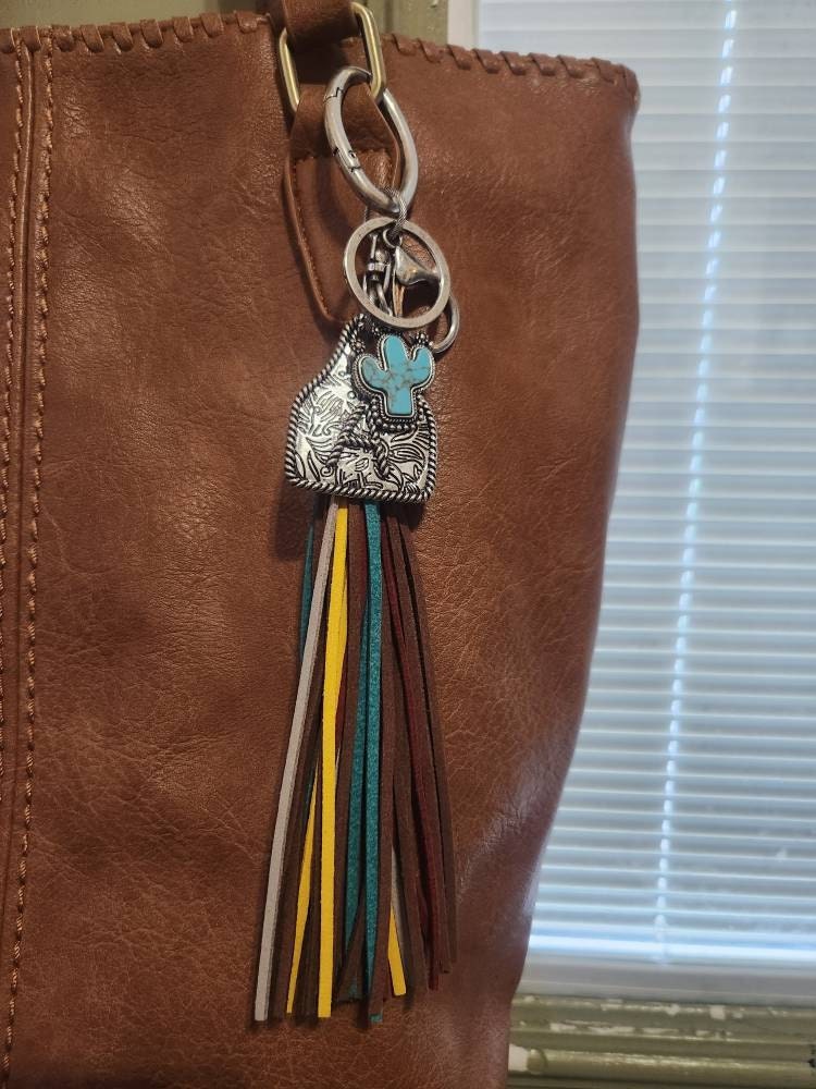 Initial Monogram Keychain/ Turquoise Charm/Initial Cattle Ear Tag Keychain/multi color tassel fringe keychain
