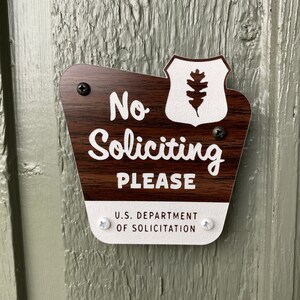 Brown Wood Grain with White Lettering Laser Engraved Acrylic No Soliciting Sign