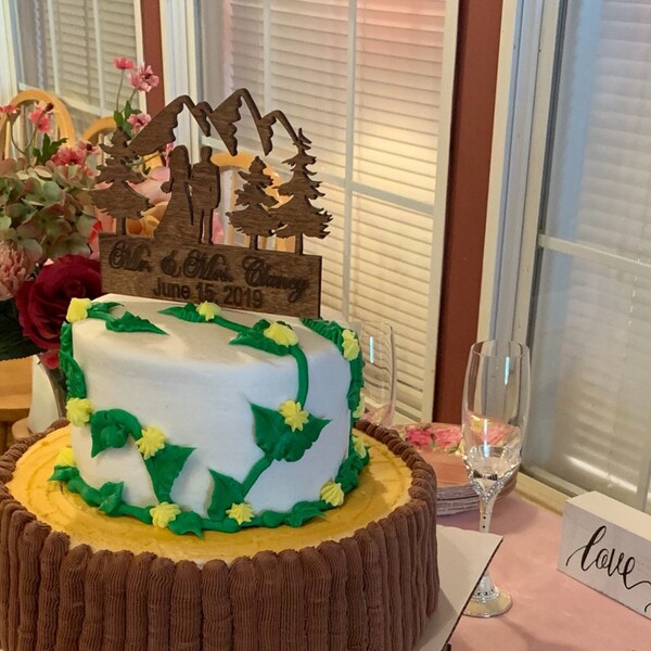 PERSONALIZED BRIDE GROOM Couple Mountain Wood Wedding Cake Topper ...