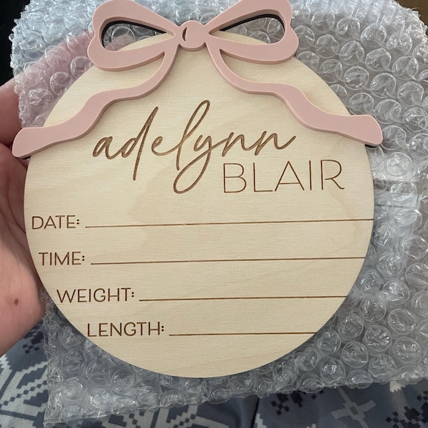 Bow Baby Announcement Sign With Birth Stats | Matching Name Plate ...