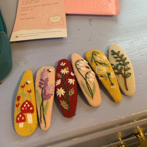 Flower Linen Hair Clips, Handmade Floral Embroidered Hair Clips, Cute ...