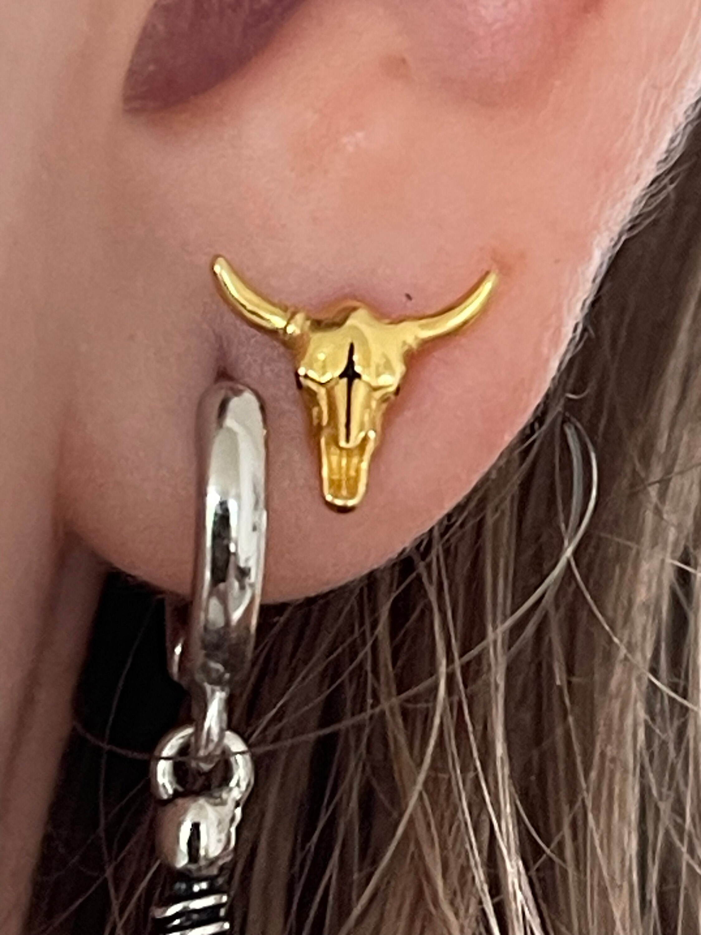 Sterling Silver Tiny Bull Skull Stud Earrings, Silver or Gold or Rose Gold,  Bull Skeleton Earrings in Sterling Silver