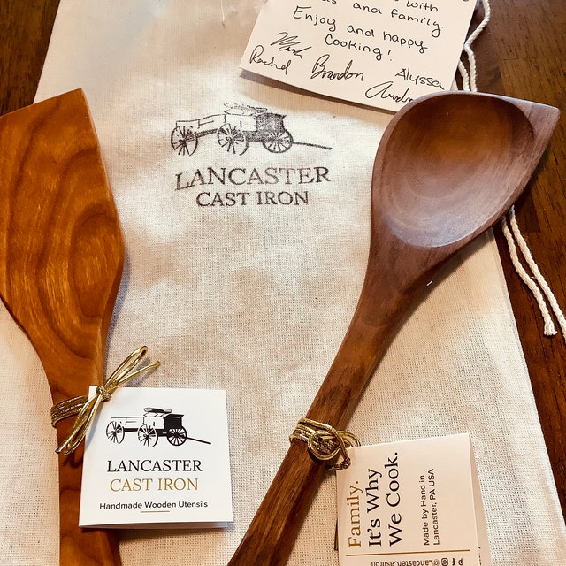 Lancaster Cast Iron Handmade Wooden Spoon & Spatula Set - 12 Cherry Wood, Hand Carved, Made in The USA with Pennsylvania Black Cherry Wood - Cook