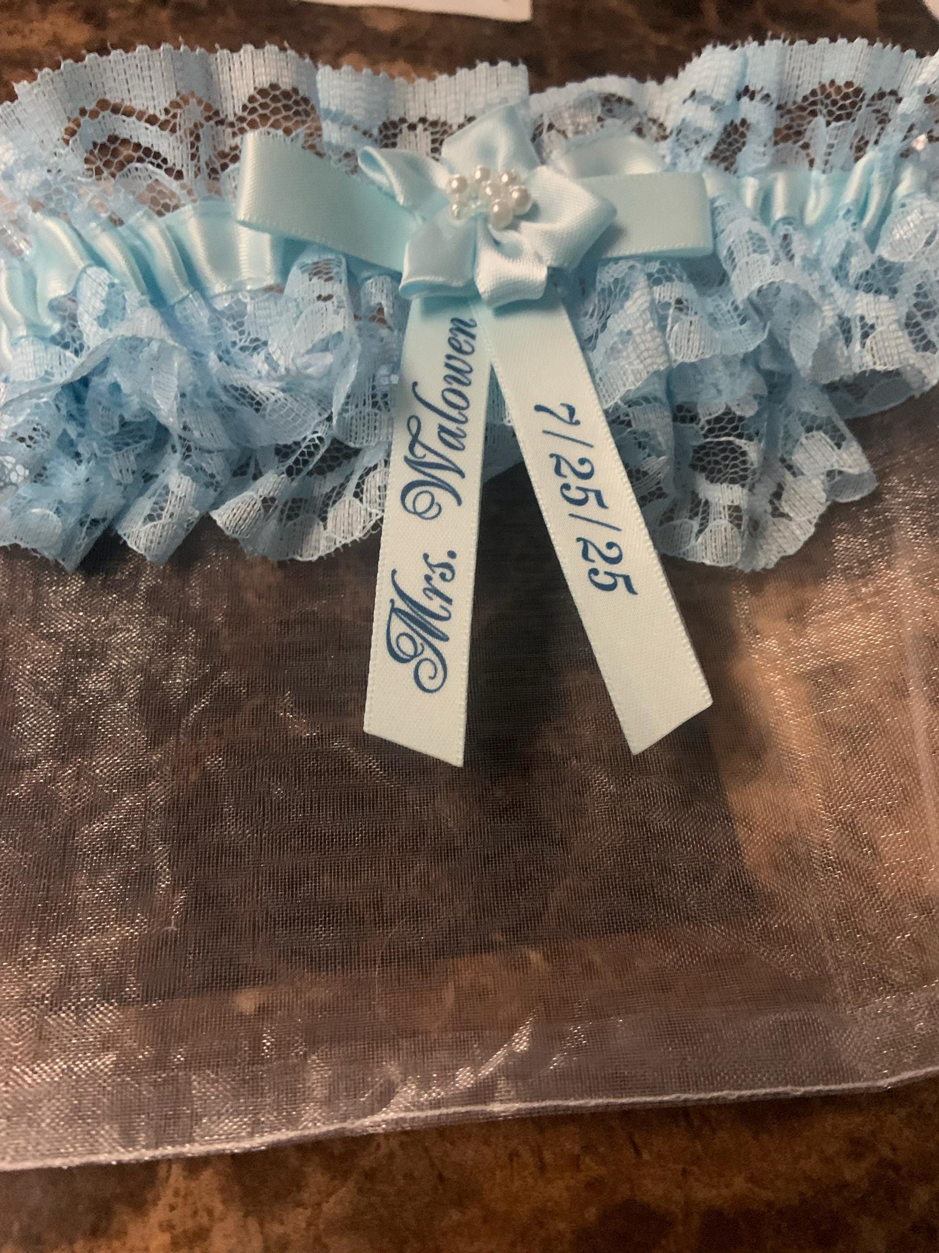 Personalised Blue Wedding Garter Handmade to order with name and wedding date - Excellent Gift for the Bride Something Blue