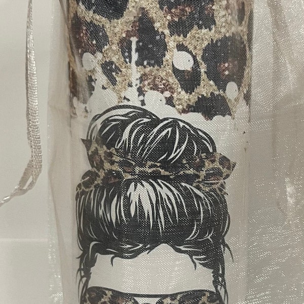 20 OZ Glitter Leopard Mom Life Messy Bun Skinny Tumbler Design ...
